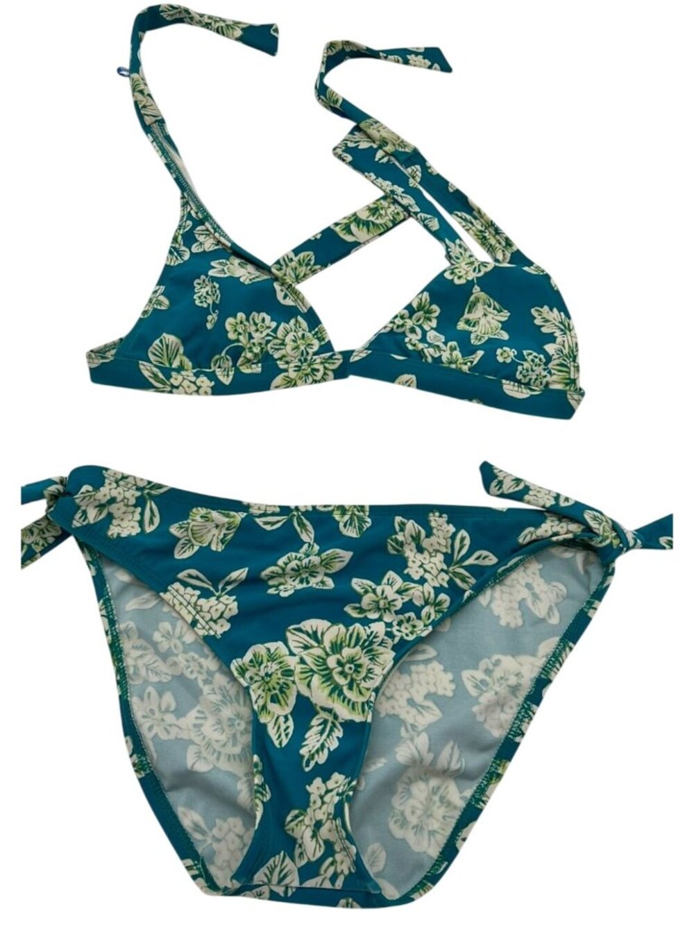 Eddie Bauer Women Bikini Set Triangle Top Tie-Side Bottom Sz 6 Teal White Floral